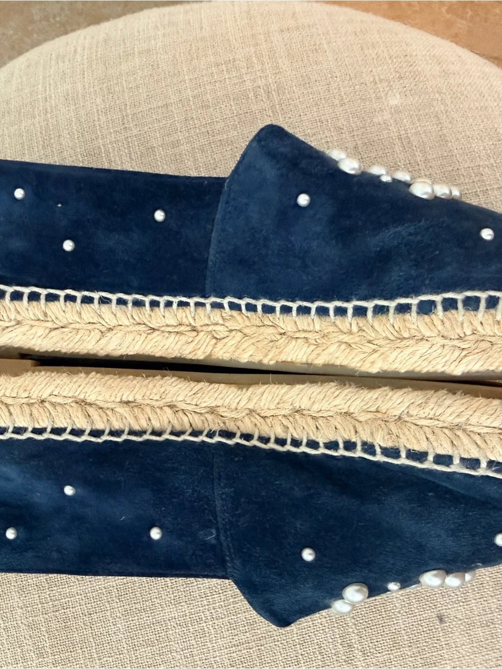CHANEL Navy Blue Velvet Espadrilles with Pearl CC Logo